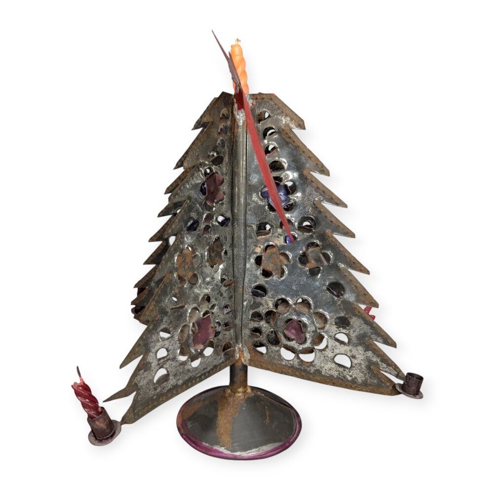 Vintage Primitive Folk Art Metal Christmas Tree Candle Holder with Red Star 12" - Picture 2 of 12